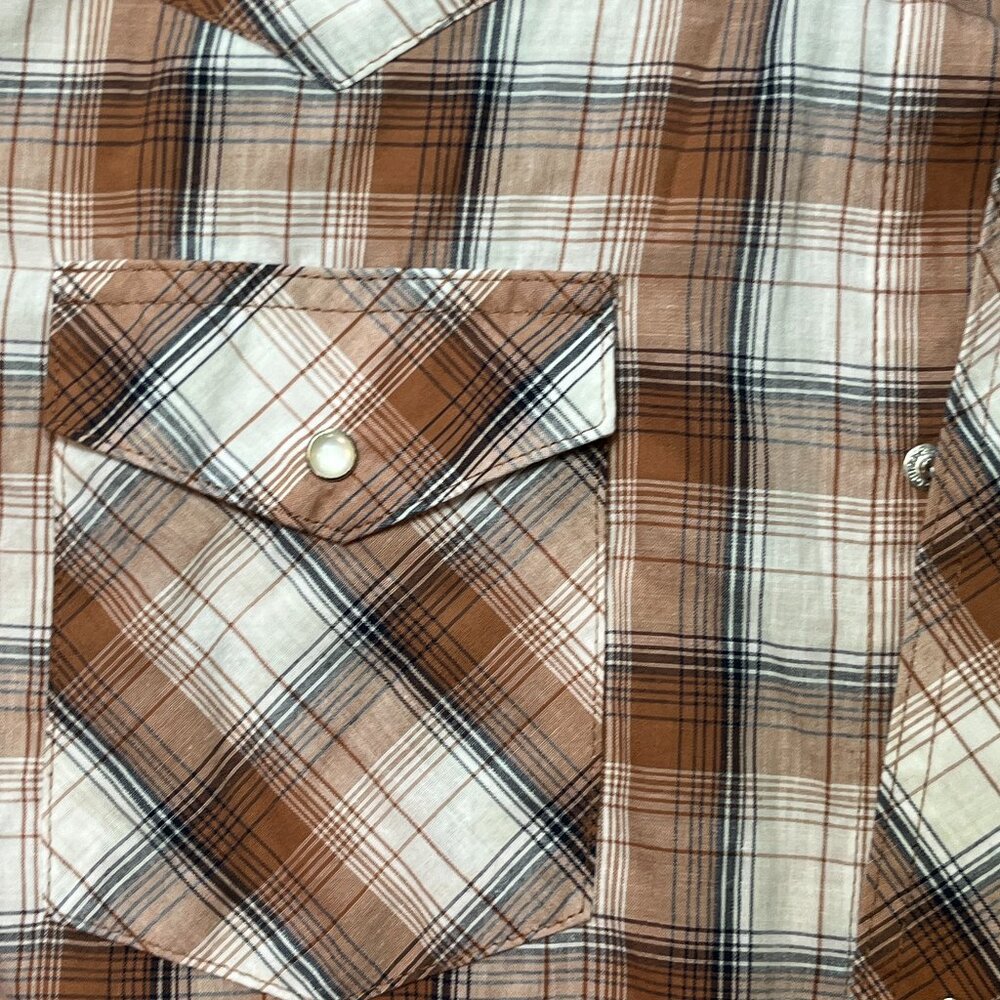 Wrangler Western Brown Plaid Short Sleeve Shirt - Pearl Snap - Men's Large - Picture 7 of 9